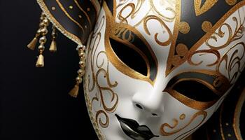 ai gegenereerd goud gekleurde masker voegt toe elegantie naar kostuum gegenereerd door ai foto
