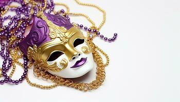 ai gegenereerd glimmend goud masker, elegant kostuum, mardi gras viering gegenereerd door ai foto