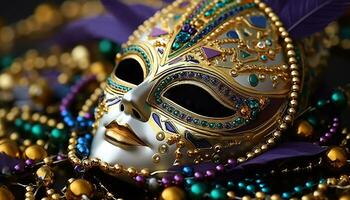 ai gegenereerd kleurrijk maskers en kostuums Bij mardi gras optocht gegenereerd door ai foto