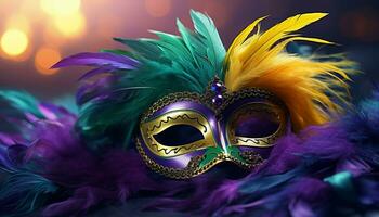 ai gegenereerd kleurrijk veren sieren een masker Bij een mardi gras viering gegenereerd door ai foto