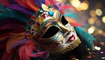 ai gegenereerd kleurrijk maskers en kostuums Bij mardi gras optocht gegenereerd door ai foto