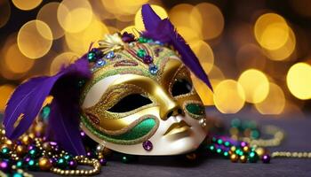 ai gegenereerd mardi gras viering, kostuum, masker, partij, schitteren, Purper gegenereerd door ai foto