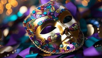 ai gegenereerd kleurrijk maskers en kostuums verlichten de mardi gras gegenereerd door ai foto