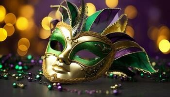 ai gegenereerd kleurrijk maskers en kostuums verlichten de mardi gras optocht gegenereerd door ai foto