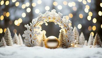 ai gegenereerd sneeuwvlok decoratie Aan verlichte Kerstmis boom Bij nacht gegenereerd door ai foto