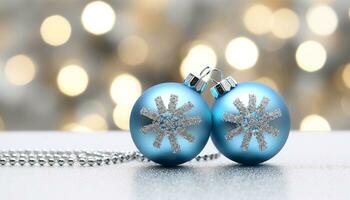 ai gegenereerd glimmend Kerstmis ornament Aan blauw winter achtergrond gegenereerd door ai foto