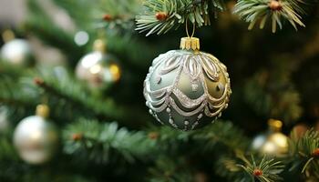 ai gegenereerd Kerstmis boom decoratie gloeiend met helder groen en goud gegenereerd door ai foto