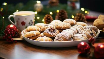 ai gegenereerd eigengemaakt chocola toetje Aan hout tafel, winter viering gegenereerd door ai foto