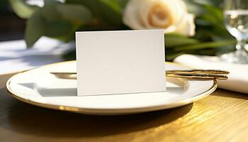 ai gegenereerd vers bloemen Aan houten tafel, elegant dining arrangement gegenereerd door ai foto