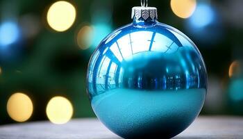 ai gegenereerd glimmend blauw gebied gloeit, reflecterend Kerstmis lichten Aan versierd boom gegenereerd door ai foto