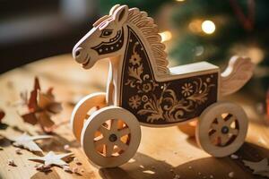 ai gegenereerd houten schommelen paard brengt winter vreugde en nostalgie gegenereerd door ai foto
