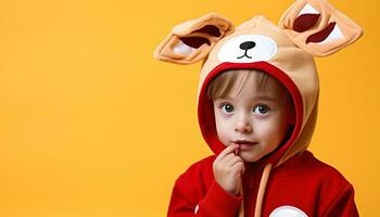 ai gegenereerd schattig kind in kostuum met konijn speelgoed- gegenereerd door ai foto