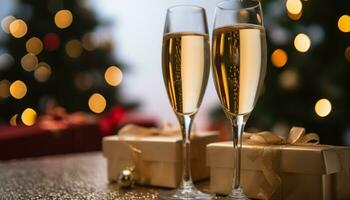 ai gegenereerd Champagne viering, wijnglas decoratie, Kerstmis lichten geschenk romance gegenereerd door ai foto