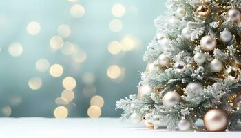 ai gegenereerd sneeuw gedekt boom verlichte met Kerstmis lichten gegenereerd door ai foto