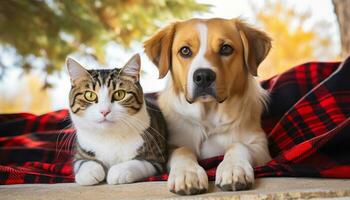 ai gegenereerd schattig puppy en katje zittend buitenshuis, genieten van natuur gegenereerd door ai foto