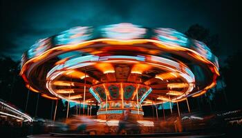 ai gegenereerd spinnen carrousel ontsteekt levendig kleuren in de nacht gegenereerd door ai foto