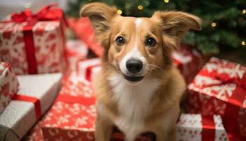 ai gegenereerd schattig puppy zittend door Kerstmis boom met geschenk gegenereerd door ai foto