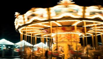 ai gegenereerd spinnen carrousel brengt vreugde in levendig zomer nachten gegenereerd door ai foto