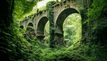 ai gegenereerd oude boog brug over- rustig vloeiende water gegenereerd door ai foto