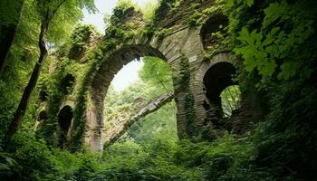 ai gegenereerd oude steen brug verbindt natuur groen landschap gegenereerd door ai foto
