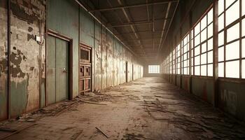 ai gegenereerd oud, verlaten fabriek roestig, gebroken, schemerig, spookachtig gegenereerd door ai foto