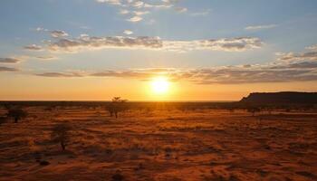 ai gegenereerd zonsondergang over- de Afrikaanse savanne, een rustig schoonheid gegenereerd door ai foto