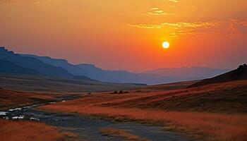 ai gegenereerd zonsondergang over- berg bereik, rustig weide, majestueus landschap gegenereerd door ai foto