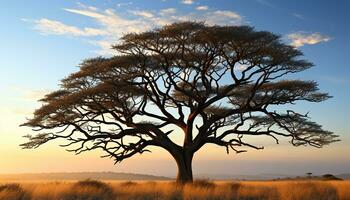 ai gegenereerd silhouet van acacia boom tegen oranje zonsondergang lucht gegenereerd door ai foto