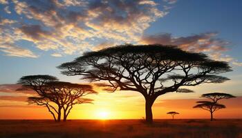 ai gegenereerd silhouet van acacia boom in Afrikaanse zonsondergang gegenereerd door ai foto