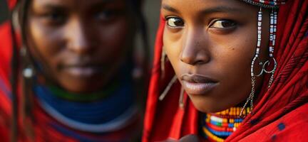 ai gegenereerd glimlachen jong Afrikaanse Dames in traditioneel kleding gegenereerd door ai foto