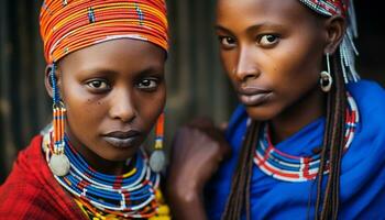 ai gegenereerd glimlachen Afrikaanse Dames en kind in traditioneel kleding gegenereerd door ai foto