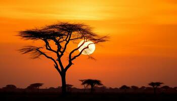 ai gegenereerd silhouet van acacia boom, zonsondergang verven Afrikaanse landschap gegenereerd door ai foto