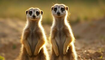 ai gegenereerd schattig meerkat staand in gras, op zoek Bij camera gegenereerd door ai foto