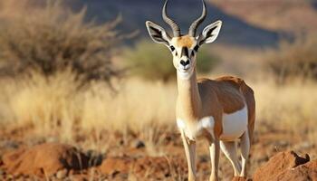 ai gegenereerd staand springbok in Afrikaanse savanne, op zoek Bij camera, alertheid gegenereerd door ai foto