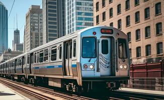 ai gegenereerd stad leven in beweging, metro trein verlicht wolkenkrabbers gegenereerd door ai foto