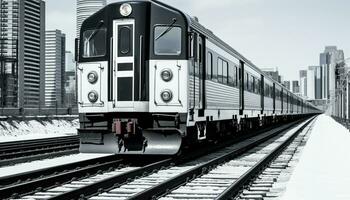 ai gegenereerd sneeuw gedekt spoorweg spoor, te hard rijden trein, stad horizon gegenereerd door ai foto