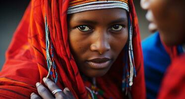 ai gegenereerd glimlachen jong Afrikaanse vrouw in traditioneel kleding gegenereerd door ai foto