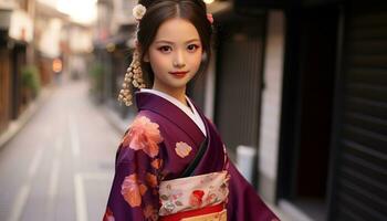 ai gegenereerd glimlachen geisha in traditioneel kleding straalt uit elegantie gegenereerd door ai foto
