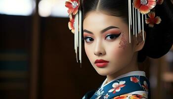 ai gegenereerd elegant geisha op zoek Bij camera, presentatie van schoonheid gegenereerd door ai foto