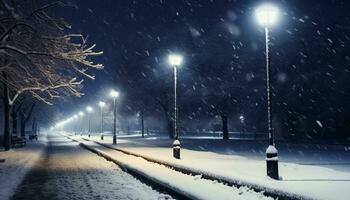 ai gegenereerd winter nacht, sneeuw gedekt boom in verlichte Woud gegenereerd door ai foto