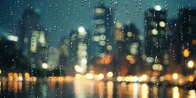 ai gegenereerd regendruppel Aan venster creëert abstract verlichte stadsgezicht gegenereerd door ai foto