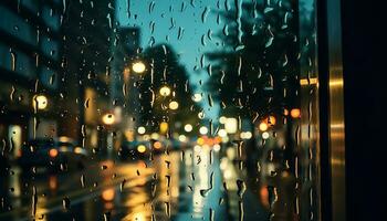 ai gegenereerd regendruppel Aan venster, stad lichten reflecteren in nat glas gegenereerd door ai foto