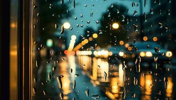 ai gegenereerd regendruppel Aan venster weerspiegelt stad lichten Bij nacht gegenereerd door ai foto