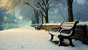 ai gegenereerd winter nacht, sneeuw gedekt boom in rustig Woud gegenereerd door ai foto