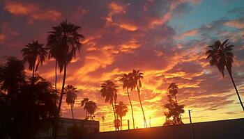 ai gegenereerd silhouet van palm boom tegen levendig zonsondergang lucht gegenereerd door ai foto