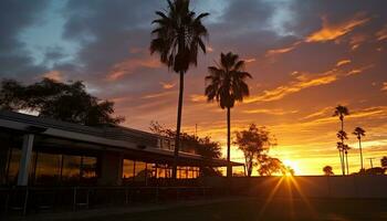 ai gegenereerd silhouet van palm boom tegen oranje zonsondergang lucht gegenereerd door ai foto