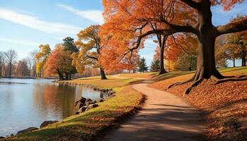 ai gegenereerd herfst boom weerspiegelt levendig kleuren in rustig weide gegenereerd door ai foto