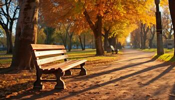 ai gegenereerd herfst boom, geel blad, rustig bank, natuur schoonheid gegenereerd door ai foto