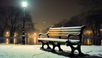 ai gegenereerd rustig tafereel, winter nacht, sneeuw gedekt bank gegenereerd door ai foto