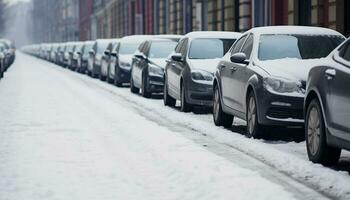 ai gegenereerd sneeuw gedekt auto in een winter verkeer jam gegenereerd door ai foto